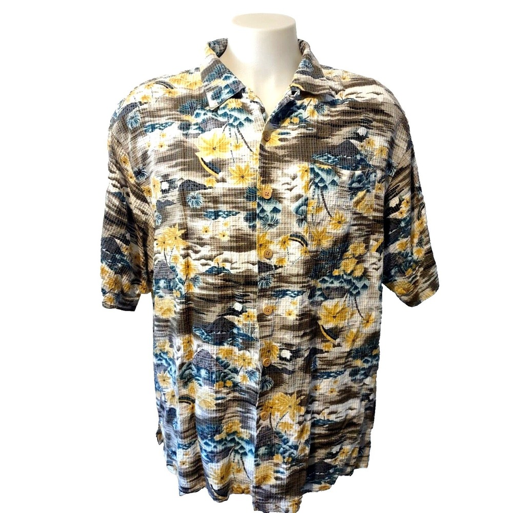 Original Island Sport Shirt Mens XXL Tropical Retro Yellow Blue Slub Weave Rayon